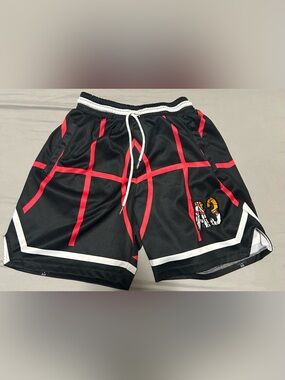 A3 Apparels Black Athletic Shorts with Red Grid Stripe &White Trim-size s/m